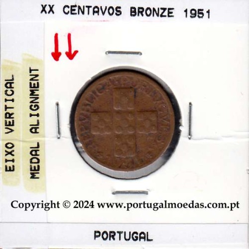 Eixo Vertical XX centavos 1951 Bronze, XX centavos 1951 Eixo Vertical, erro de cunhagem, (BC+), World Coins Portugal KM 584