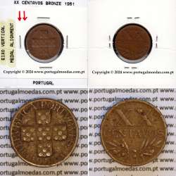 Portugal, error coin of medal alignment XX centavos 1951 Bronze, (VF-), World Coins Portugal KM 584