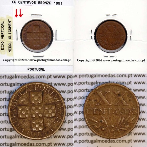 Eixo Vertical XX centavos 1951 Bronze, XX centavos 1951 Eixo Vertical, erro de cunhagem, (BC+), World Coins Portugal KM 584