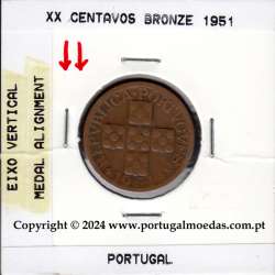 Eixo Vertical XX centavos 1951 Bronze, XX centavos 1951 Eixo Vertical, erro de cunhagem, (MBC), World Coins Portugal KM 584