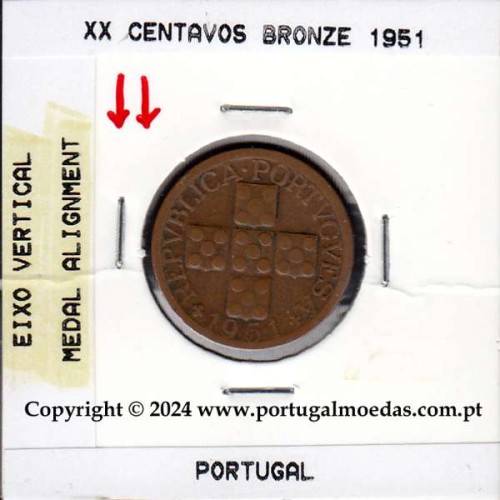 Eixo Vertical XX centavos 1951 Bronze, XX centavos 1951 Eixo Vertical, erro de cunhagem, (MBC), World Coins Portugal KM 584