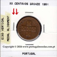 Eixo Vertical XX centavos 1951 Bronze, XX centavos 1951 Eixo Vertical, erro de cunhagem, (MBC), World Coins Portugal KM 584