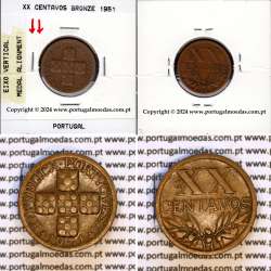 Eixo Vertical XX centavos 1951 Bronze, XX centavos 1951 Eixo Vertical, erro de cunhagem, (MBC), World Coins Portugal KM 584