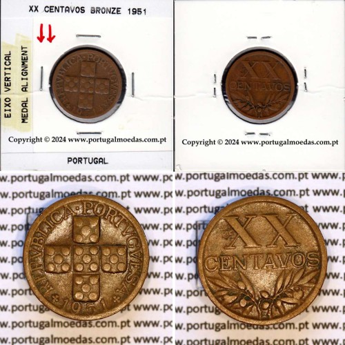 Portugal, error coin of medal alignment XX centavos 1951 Bronze, (VF), World Coins Portugal KM 584