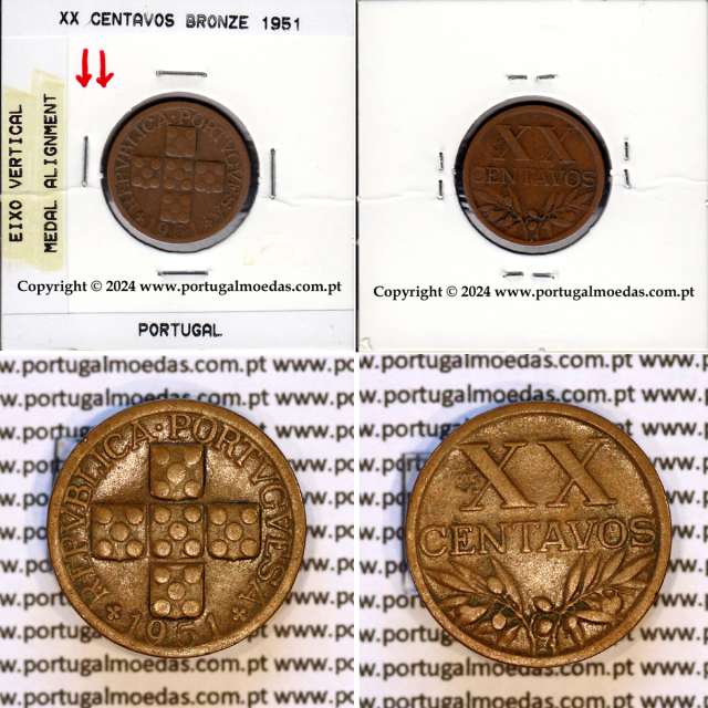 Eixo Vertical XX centavos 1951 Bronze, XX centavos 1951 Eixo Vertical, erro de cunhagem, (MBC), World Coins Portugal KM 584