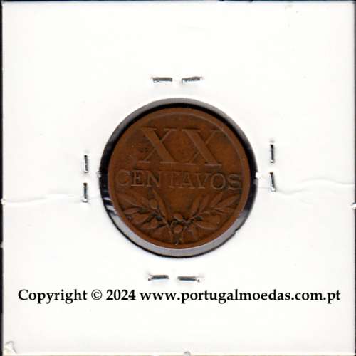 Eixo Vertical XX centavos 1951 Bronze, XX centavos 1951 Eixo Vertical, erro de cunhagem, (MBC), World Coins Portugal KM 584