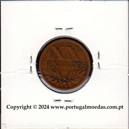 Eixo Vertical XX centavos 1951 Bronze, XX centavos 1951 Eixo Vertical, erro de cunhagem, (MBC), World Coins Portugal KM 584
