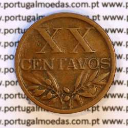 Eixo Vertical XX centavos 1951 Bronze, XX centavos 1951 Eixo Vertical, erro de cunhagem, (MBC), World Coins Portugal KM 584