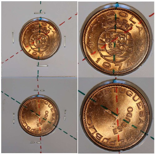 Angola, bronze coin of 1 Escudo 1974 with axis almost medal alignment, very Rare not classified in any catalogue, Angola KM76