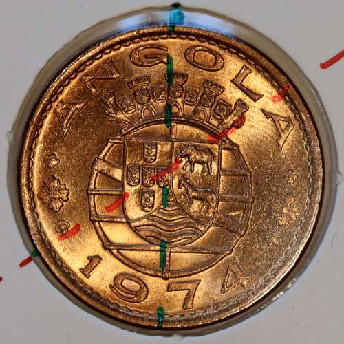 Angola, bronze coin of 1 Escudo 1974 with axis almost medal alignment, very Rare not classified in any catalogue, Angola KM76