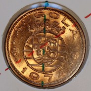 Angola, bronze coin of 1 Escudo 1974 with axis almost medal alignment, very Rare not classified in any catalogue, Angola KM76