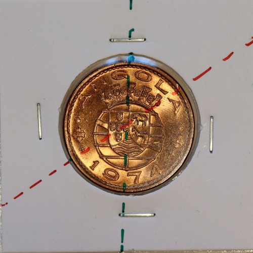 Angola, bronze coin of 1 Escudo 1974 with axis almost medal alignment, very Rare not classified in any catalogue, Angola KM76
