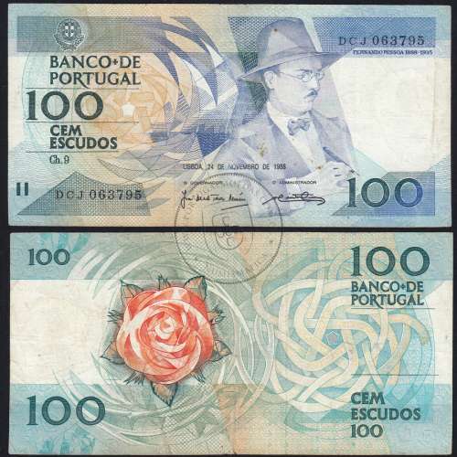100 Escudos 1988 Fernando Pessoa 24/11/1988, 100$00 Cem Escudos 24/11/1988 Chapa:9 Banco de Portugal, (C), Pick 179f