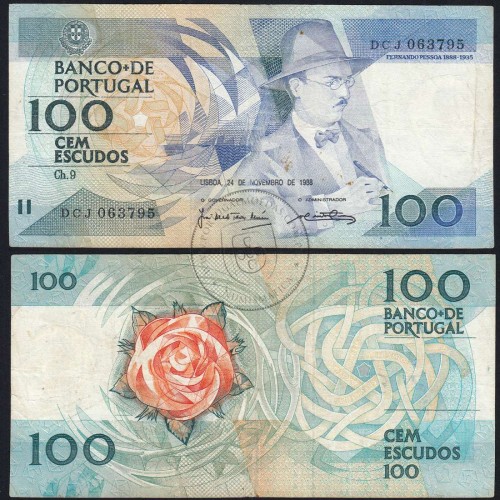 100 Escudos 1988 Fernando Pessoa 24/11/1988, 100$00 Cem Escudos 24/11/1988 Chapa:9 Banco de Portugal, (C), Pick 179f