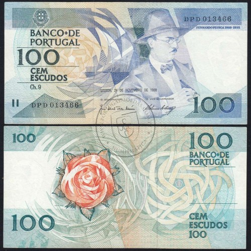 100 Escudos Fernando Pessoa 24.11.1988, One Hundred Escudos 24 November 1988 Plate 9 - Bank of Portugal, (C), Pick 179f