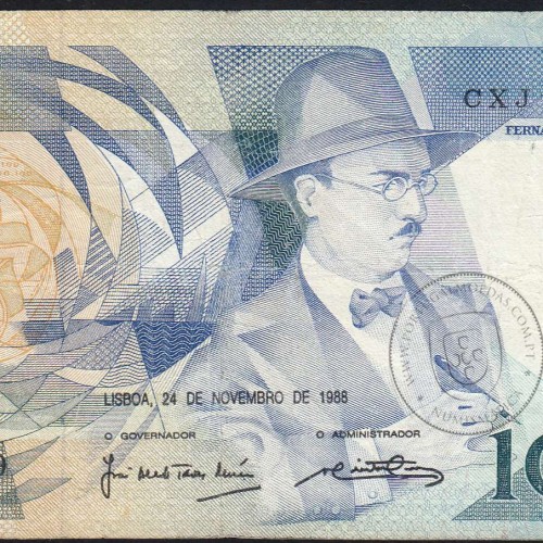 100 Escudos 1988 Fernando Pessoa 24/11/1988, 100$00 Cem Escudos 24/11/1988 Chapa:9 Banco de Portugal, (C), Pick 179f