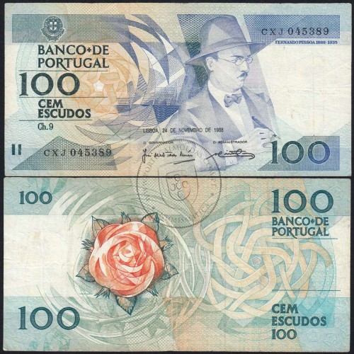 100 Escudos Fernando Pessoa 24.11.1988, One Hundred Escudos 24 November 1988 Plate 9 - Bank of Portugal, (C), Pick 179f