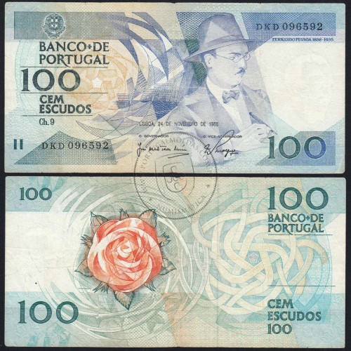 100 Escudos 1988 Fernando Pessoa 24/11/1988, 100$00 Cem Escudos 24/11/1988 Chapa:9 Banco de Portugal, (C), Pick 179f