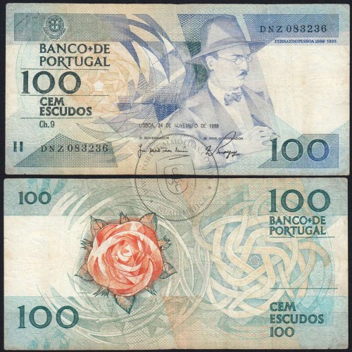100 Escudos Fernando Pessoa 24.11.1988, One Hundred Escudos 24 November 1988 Plate 9 - Bank of Portugal, (C), Pick 179f