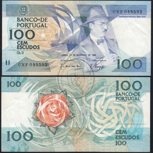 100 Escudos Fernando Pessoa 24.11.1988, One Hundred Escudos 24 November 1988 Plate 9 - Bank of Portugal, (PC), Pick 179f