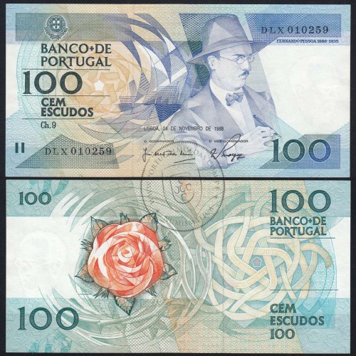 100 Escudos Fernando Pessoa 24.11.1988, One Hundred Escudos 24 November 1988 Plate 9 - Bank of Portugal, (QNC), Pick 179f