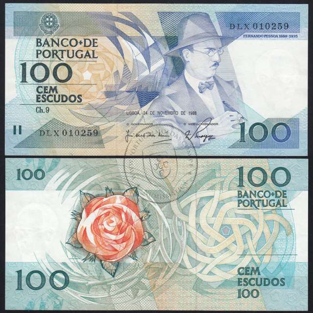 100 Escudos 1988 Fernando Pessoa 24/11/1988, 100$00 Cem Escudos 24/11/1988 Chapa:9 Banco de Portugal, (QNC), Pick 179f