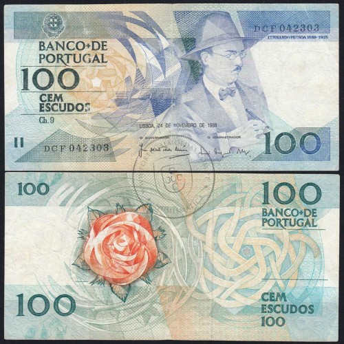 100 Escudos Fernando Pessoa 24.11.1988, One Hundred Escudos 24 November 1988 Plate 9 - Bank of Portugal, (C), Pick 179f