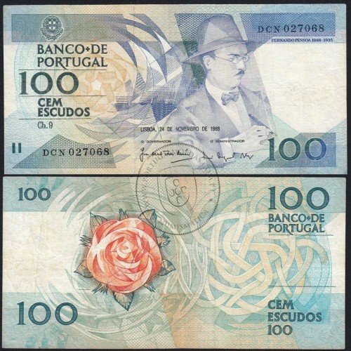 100 Escudos Fernando Pessoa 24.11.1988, One Hundred Escudos 24 November 1988 Plate 9 - Bank of Portugal, (C), Pick 179f
