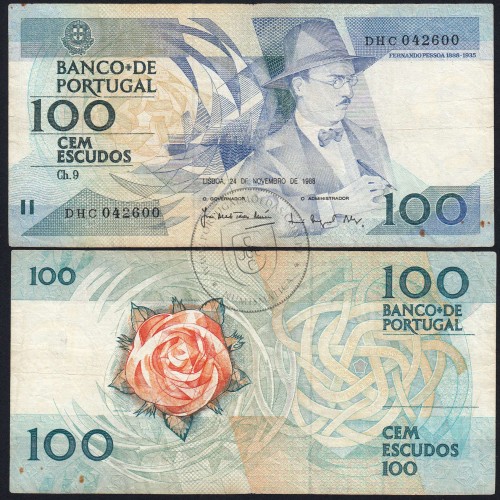 100 Escudos 1988 Fernando Pessoa 24/11/1988, 100$00 Cem Escudos 24/11/1988 Chapa:9 Banco de Portugal, (C), Pick 179f