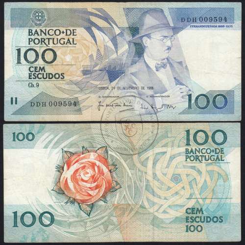 100 Escudos 1988 Fernando Pessoa 24/11/1988, 100$00 Cem Escudos 24/11/1988 Chapa:9 Banco de Portugal, (C), Pick 179f
