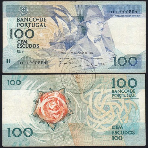 100 Escudos 1988 Fernando Pessoa 24/11/1988, 100$00 Cem Escudos 24/11/1988 Chapa:9 Banco de Portugal, (C), Pick 179f