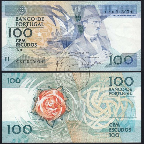 100 Escudos Fernando Pessoa 24.11.1988, One Hundred Escudos 24 November 1988 Plate 9 - Bank of Portugal, (C), Pick 179f