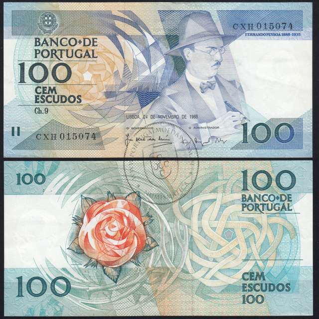100 Escudos 1988 Fernando Pessoa 24/11/1988, 100$00 Cem Escudos 24/11/1988 Chapa:9 Banco de Portugal, (C), Pick 179f