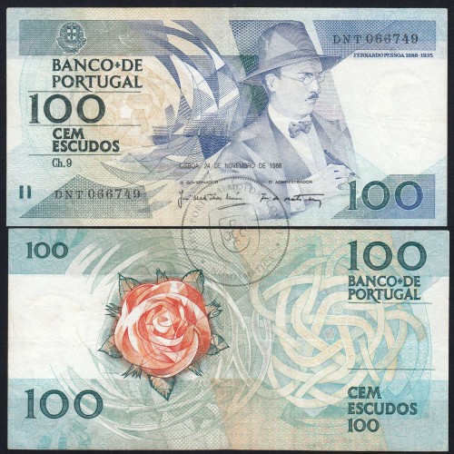 100 Escudos Fernando Pessoa 24.11.1988, One Hundred Escudos 24 November 1988 Plate 9 - Bank of Portugal, (C), Pick 179f