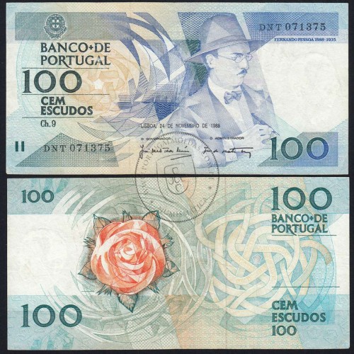 100 Escudos 1988 Fernando Pessoa 24/11/1988, 100$00 Cem Escudos 24/11/1988 Chapa:9 Banco de Portugal, (C), Pick 179f