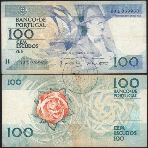 100 Escudos Fernando Pessoa 24.11.1988, One Hundred Escudos 24 November 1988 Plate 9 - Bank of Portugal, (C), Pick 179f