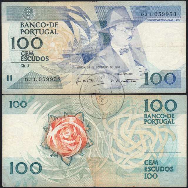 100 Escudos 1988 Fernando Pessoa 24/11/1988, 100$00 Cem Escudos 24/11/1988 Chapa:9 Banco de Portugal, (C), Pick 179f