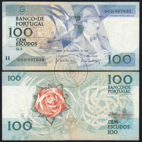 100 Escudos 1988 Fernando Pessoa 24/11/1988, 100$00 Cem Escudos 24/11/1988 Chapa:9 Banco de Portugal, (C), Pick 179f