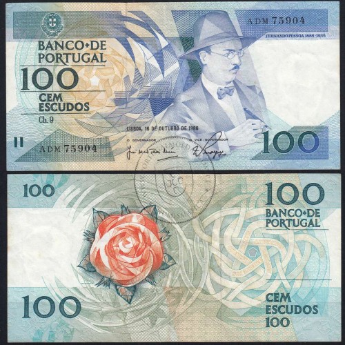 100 Escudos Fernando Pessoa 16.10.1986, One Hundred Escudos 16 october 1986 Plate 9 - Bank of Portugal, (PC), Pick 179a