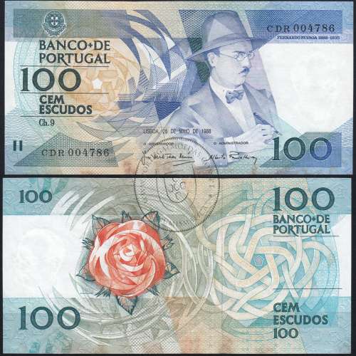 100 Escudos 1988 Fernando Pessoa 26/05/1988, 100$00 Cem Escudos 26/05/1988 Chapa:9 Banco de Portugal, (PC), Pick 179e