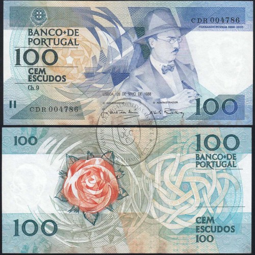 100 Escudos 1988 Fernando Pessoa 26/05/1988, 100$00 Cem Escudos 26/05/1988 Chapa:9 Banco de Portugal, (PC), Pick 179e