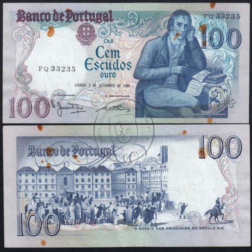 100 Escudos Bocage 02.09.1980, One Hundred Escudos 2 September 1980 Plate 8 - Bank of Portugal, (PC w/ rust), Pick 178a
