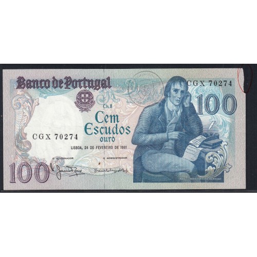 100 Escudos 1981 Bocage 24/02/1981, 100$00 Cem Escudos 24/02/1981 Chapa:8 Banco de Portugal, (C), Pick 178b