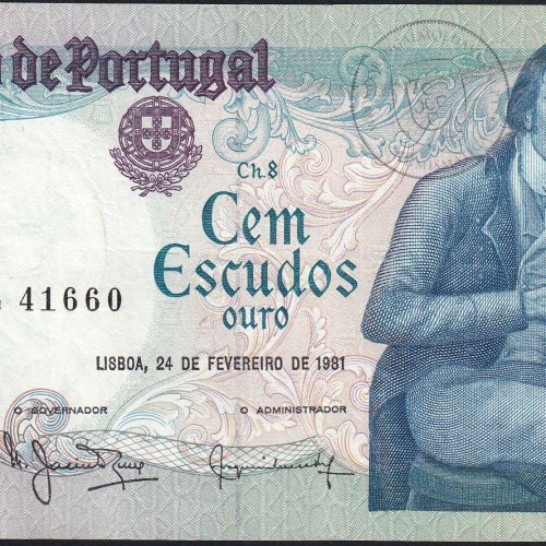 100 Escudos Bocage 24.02.1981, One Hundred Escudos 24 February 1981 Plate 8 - Bank of Portugal, (PC), Pick 178b