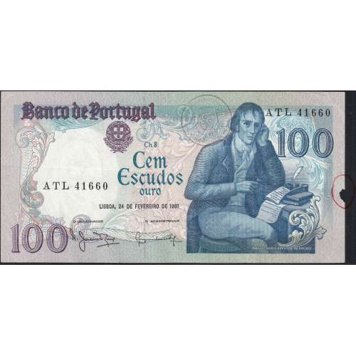 100 Escudos 1981 Bocage 24/02/1981, 100$00 Cem Escudos 24/02/1981 Chapa:8 Banco de Portugal, (PC), Pick 178b