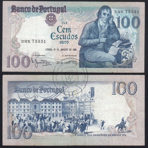 100 Escudos Bocage 31.01.1984, One Hundred Escudos 31 January 1984 Plate 8 - Bank of Portugal, (C), Pick 178c