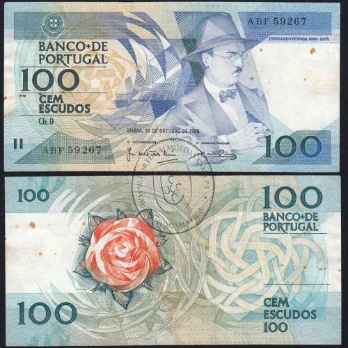 100 Escudos 1986 Fernando Pessoa 16/10/1986, 100$00 Cem Escudos Chapa:9 Banco de Portugal, (QNC c/ferrugem), Pick 179a