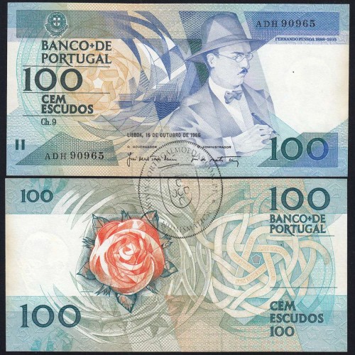 100 Escudos Fernando Pessoa 16.10.1986, One Hundred Escudos 16 october 1986 Plate 9 - Bank of Portugal, (QNC), Pick 179a