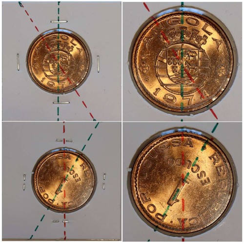 Angola, bronze coin of 1 Escudo 1974 with offset axis error, appears classified in the Alberto Gomes catalog, code 17.07