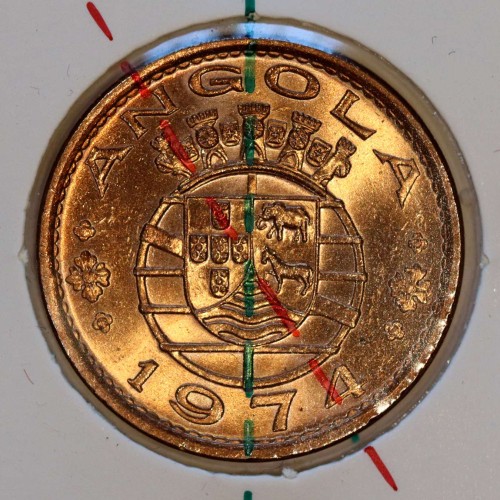 Eixo oblíquo, Angola 1 Escudo 1974 Bronze, variante eixo deslocado Ref. 17.07 catálogo  "Alberto Gomes", (Soberba), Angola KM76